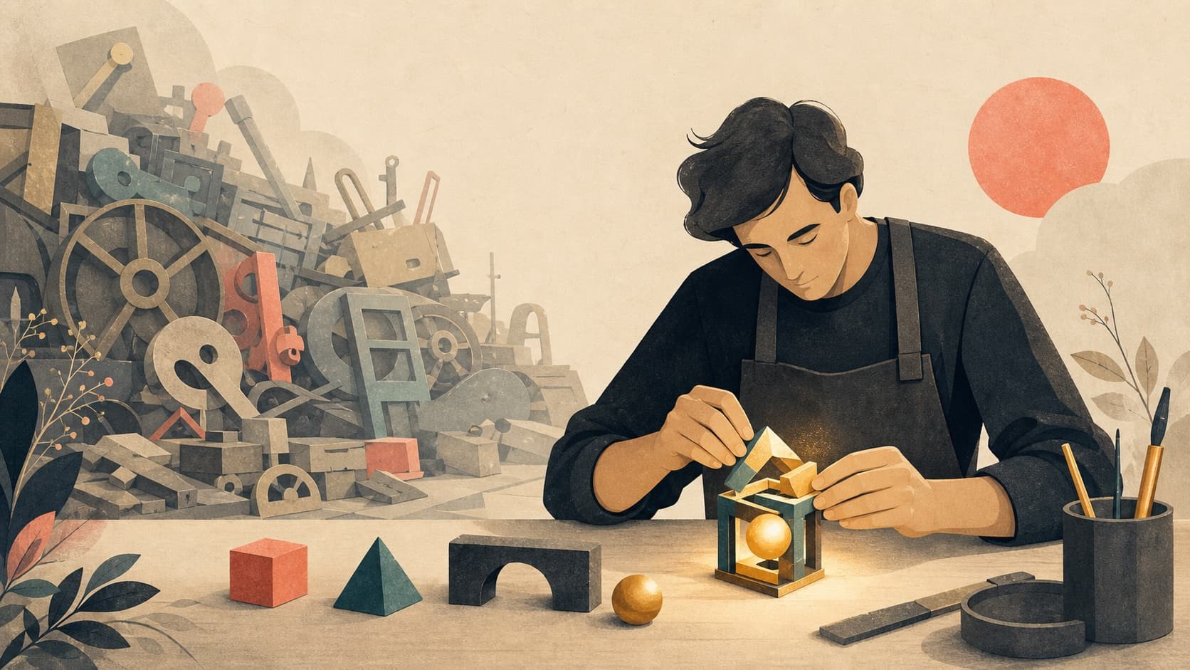 A maker completing a small glowing object beside unfinished machinery.
