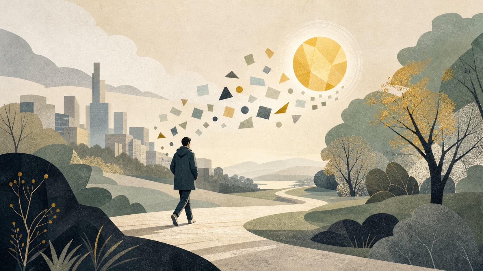 A person walking through a park as scattered shapes gather into a bright idea.
