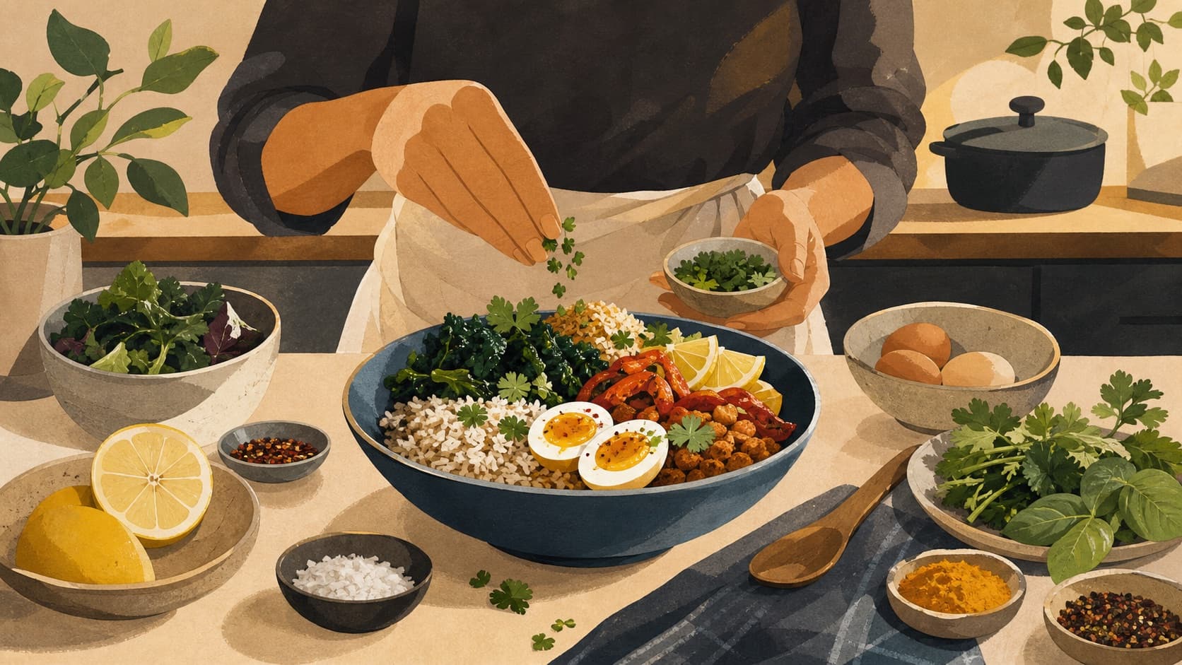A cook finishing a colorful grain bowl with herbs in a warm kitchen.