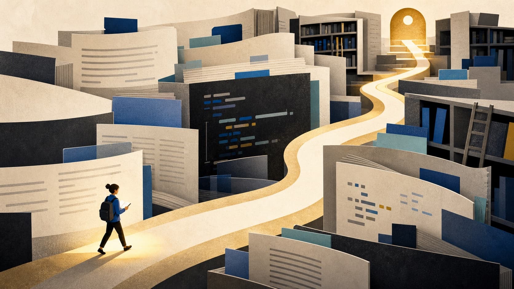A reader following a glowing path through a landscape of technical documents.